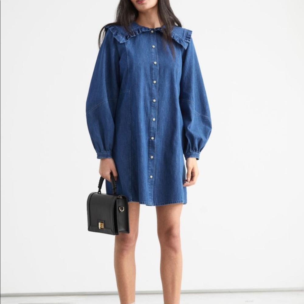 & other stories denim ruffle collar dress